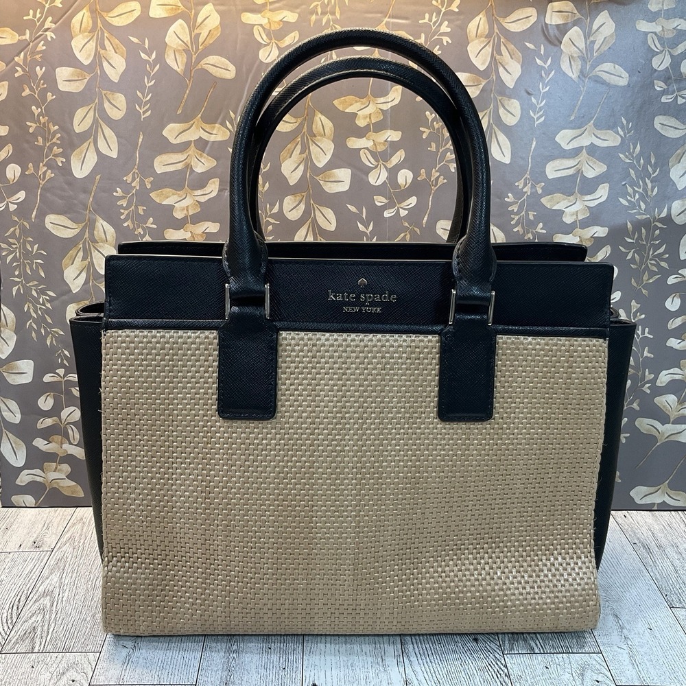 kate spade Black and Beige Woven Straw Tote Crossbody